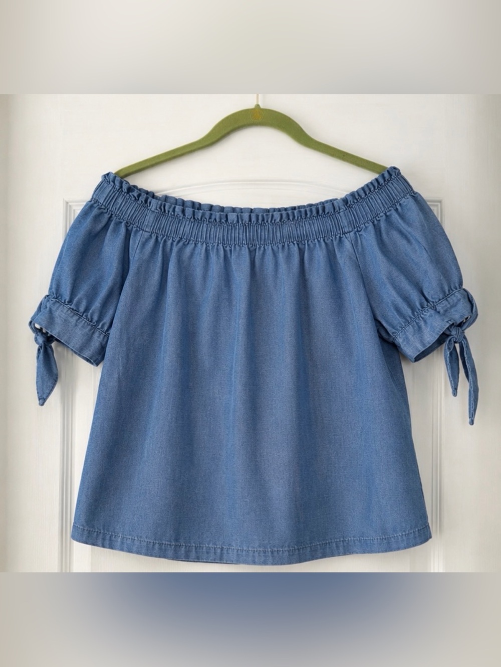 J.Crew Chambray Off Shoulder Peasant Top Blue Tie Sleeve Blouse Sz 8 - Picture 3 of 6